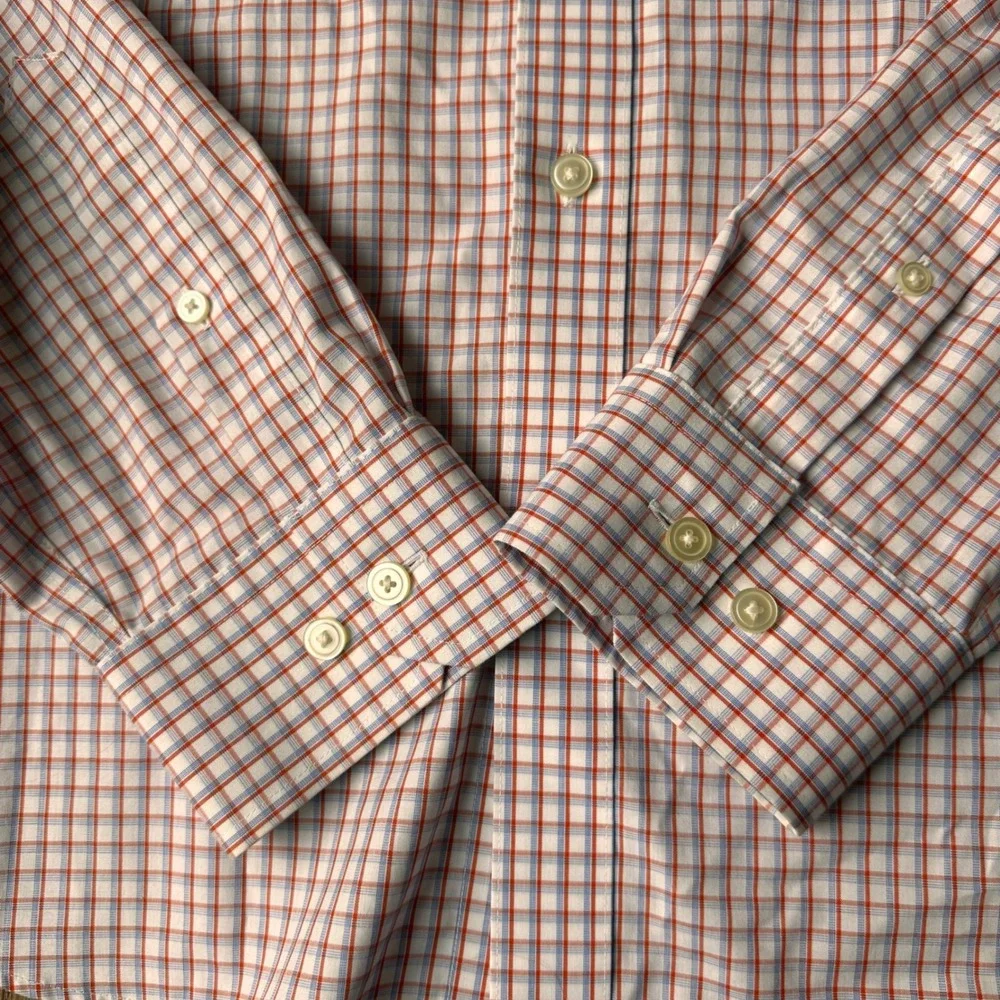 Banana Republic Button Down‎ Shirt Mens L Untucked Fit Non-Iron Plaid Red Blue